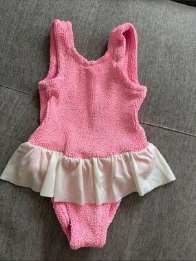 Hunza G Pink Textured Girls One-Piece with Ruffle Trim